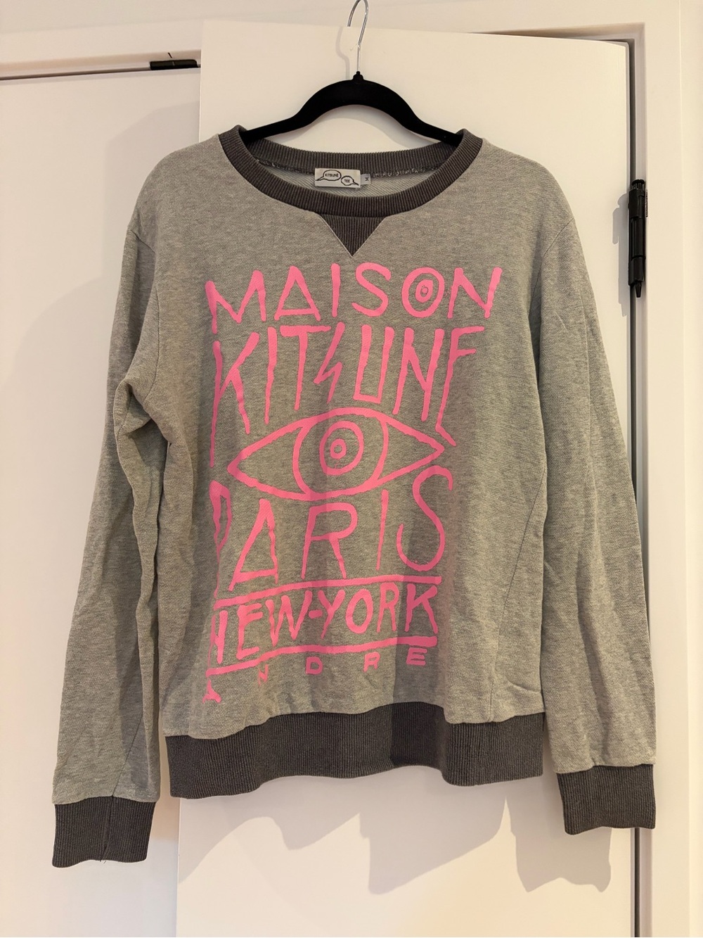 MAISON KITSUNE Gray Crewneck Sweatshirt with Pink Graphic Eye Logo